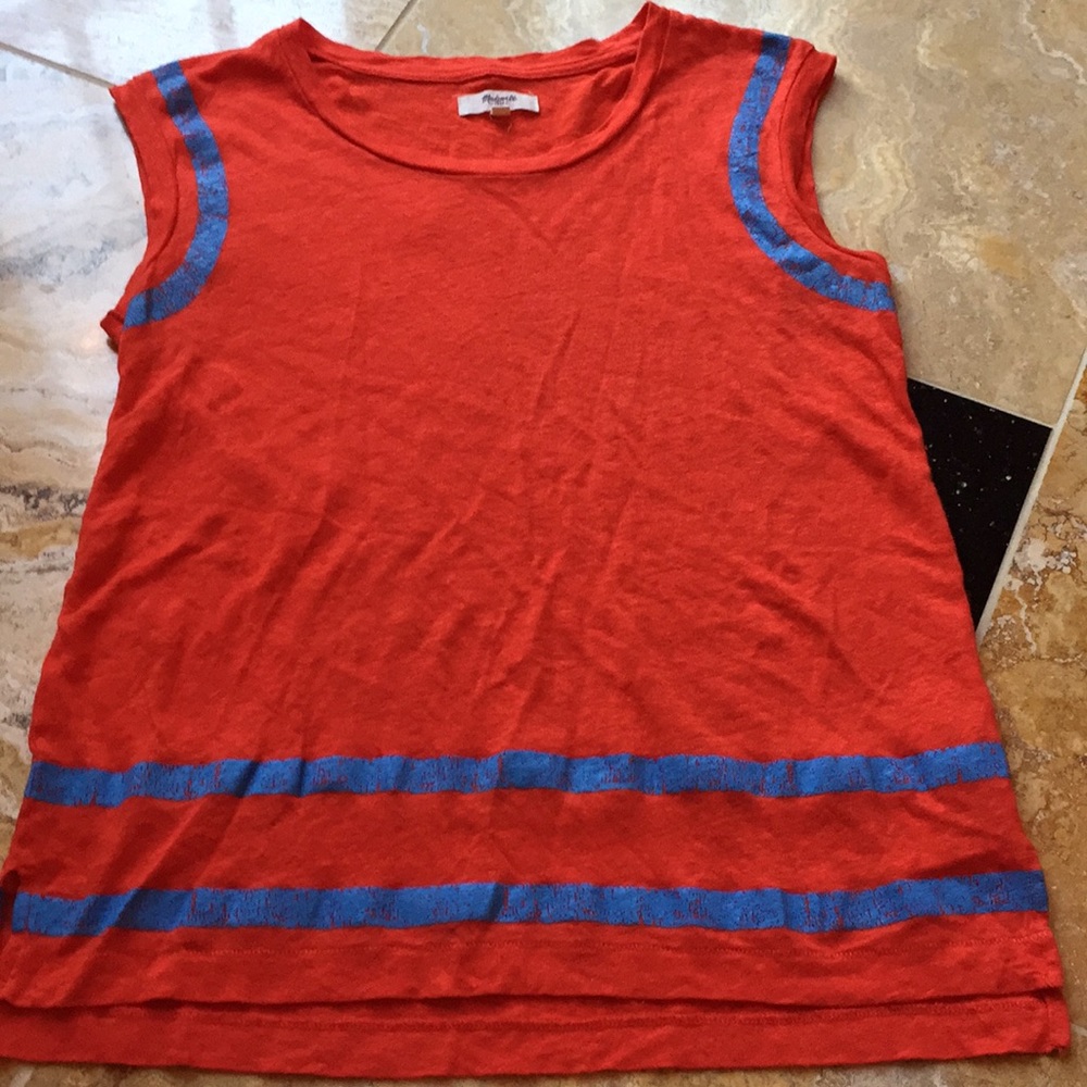 Madewell 100% Linen/red/bright blue crackle stripe